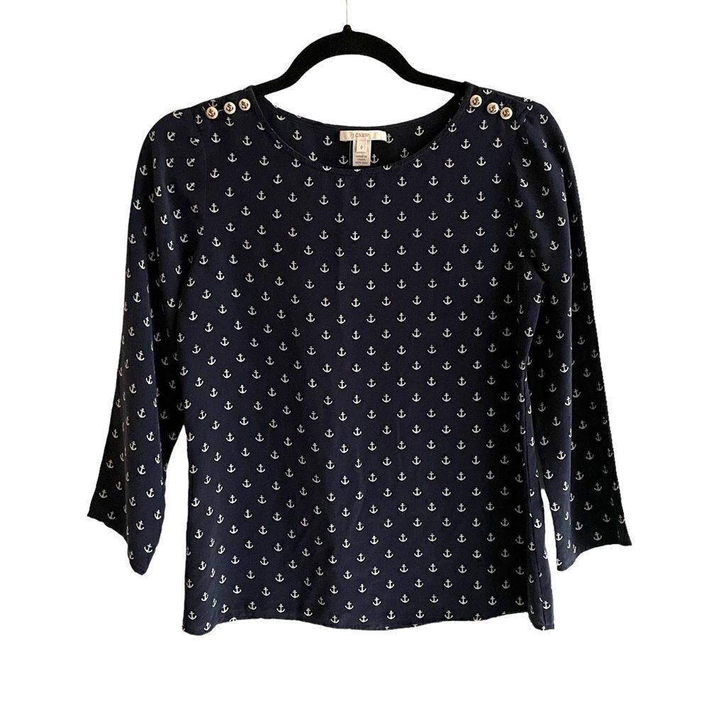 J. CREW Silk Popover Blouse Shirt With Anchor Nautical Print Navy Blue White 0